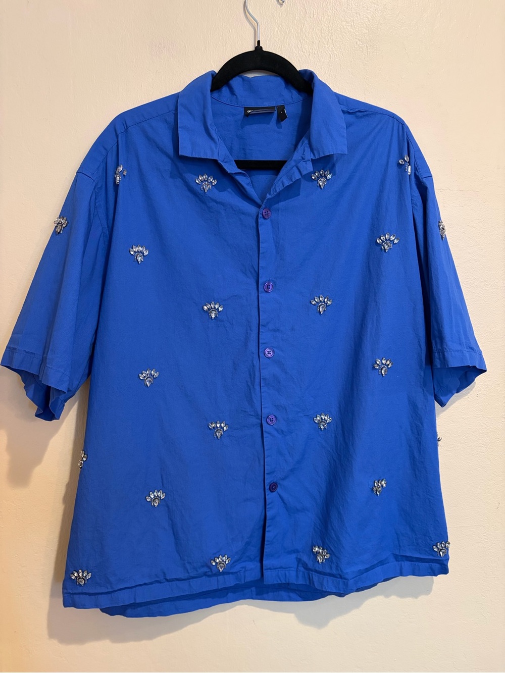 ASOS Bright Blue Button Up Blouse w/ Jewel Embellishments, Oversized M